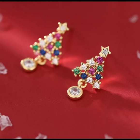 Dainty Gold Rhinestone Crystal Christmas Tree Stud Earrings - Picture 6 of 8